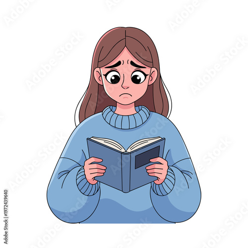 Young woman reading a book with a worried expression indoors  