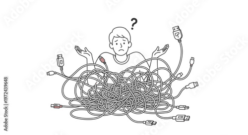 Confused Person Facing Messy Tangled Cables and Electronic Wires Vector Illustration