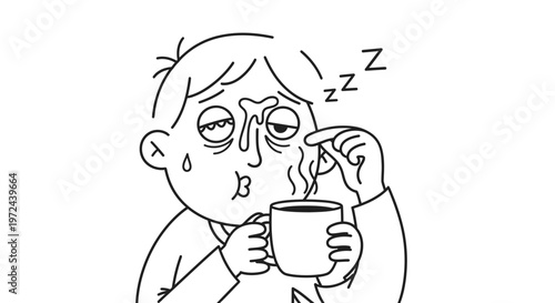Sleepy Man Trying to Drink Hot Coffee to Wake Up Illustration Vector Line Art Design Element