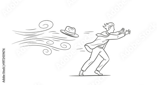 Businessman Chasing His Flying Hat in a Strong Wind Storm Line Art Vector Illustration