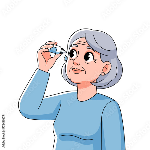 Elderly woman applying eye drops with a thoughtful expression indoors  