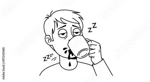 Exhausted Man Trying to Drink Coffee and Spilling It Minimalist Line Art Vector Illustration