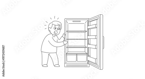 Person shocked at empty refrigerator hungry man looking into fridge line art vector illustration