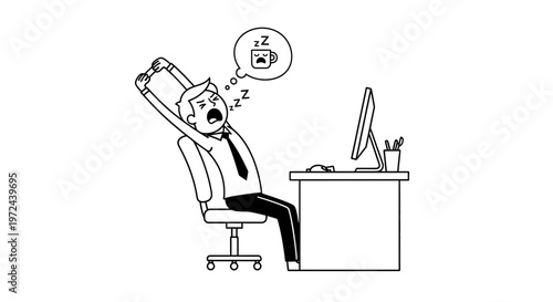 Tired Office Worker Yawning and Stretching at Work Desk Vector Illustration