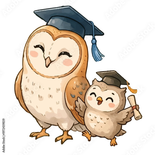 Wise cartoon owl teacher with books wearing a graduation cap representing education and learning