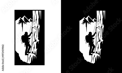 A person climbing a rocky mountain with a backpack on a sunny day.