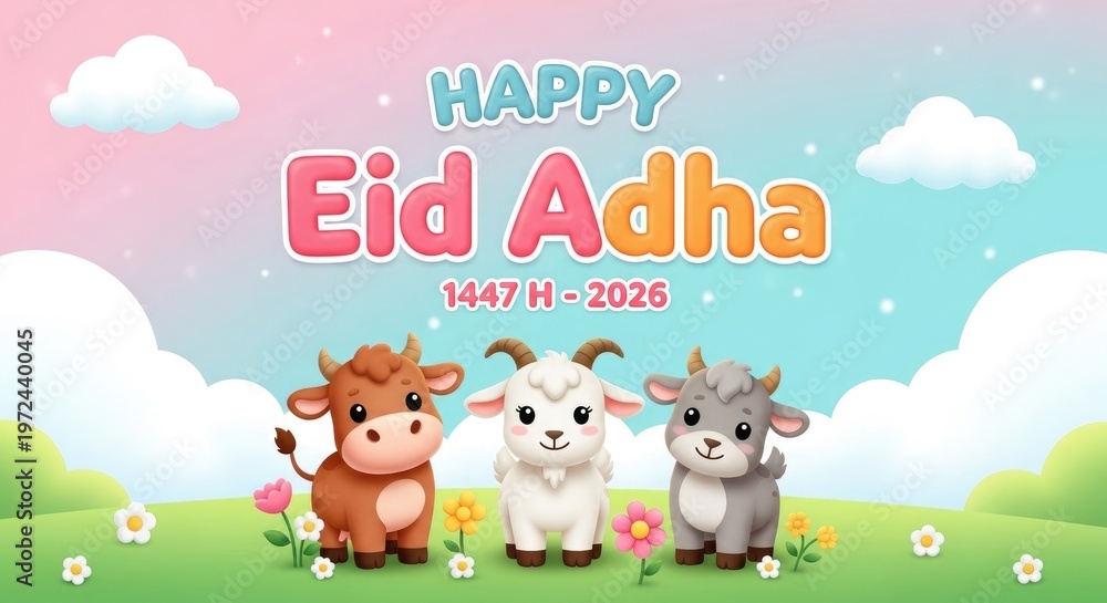 Fototapeta premium Happy eid al adha 2026 festive greetings with cute animals celebrations