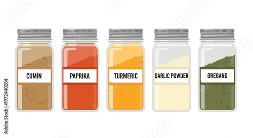 Set of Glass Spice Jars with Labels for Kitchen Organization and Cooking Ingredients