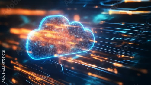Abstract digital cloud computing concept with data flow lines
