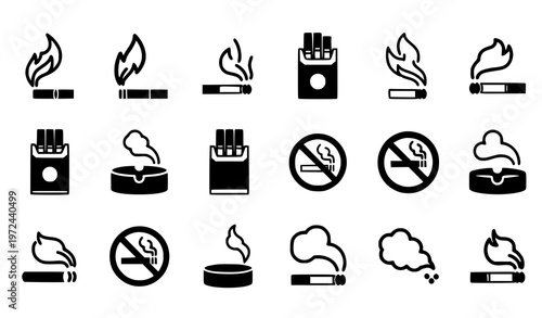 Cigarette silhouette icon set smoking symbols collection black tobacco vector illustration