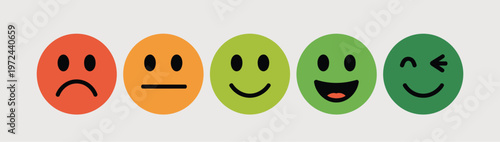 emoji feedback icon collection, positive and negative reaction faces, smiley rating symbols in six colors, happy neutral sad emoticons, customer response and review concept, modern vector design.