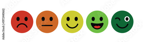feedback emoji icons vector, good and bad emoticon signs, happy and sad reactions, six color faces, smiley rating icon set with happy neutral and sad expressions, clean flat vector illustration.
