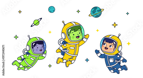 Cute Cartoon Astronaut Kids Floating in Space with Planets and Stars
