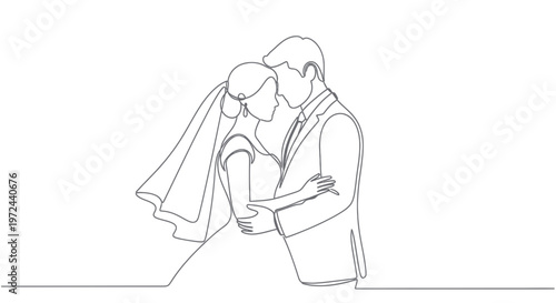 Elegant continuous line drawing of a bride and groom embracing on their wedding day.