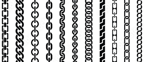 Chain brush pattern. Chain pattern. Silhouette chains. Vector chain set with a strong steel link is isolated on white background. Vector illustration. 