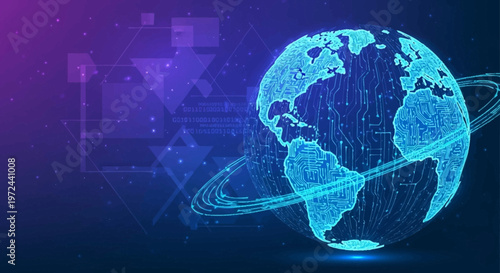 The globe revolves slowly with rings around it on a dark background with neon lights.