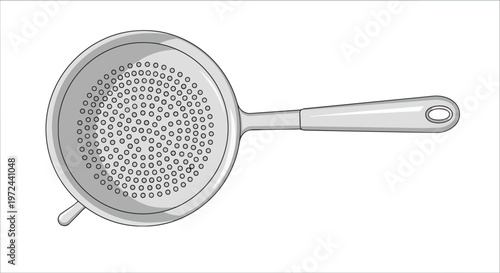 Illustration of a metal kitchen strainer or colander for food preparation