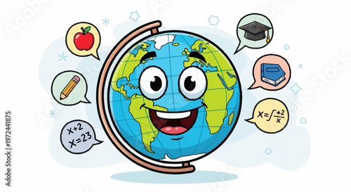 A smiling cartoon globe surrounded by educational icons in a playful scene