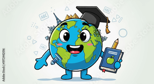 A cheerful cartoon globe wearing a graduation cap holds a book and pencil on a whimsical background with learning symbols.