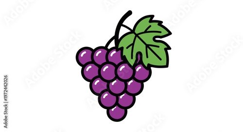 Cartoon illustration of a cluster of ripe purple grapes and green leaf
