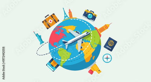 Airplane Flies Around the Globe with Travel Icons in Sight