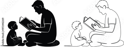 Adult reading book together with young child in cozy setting