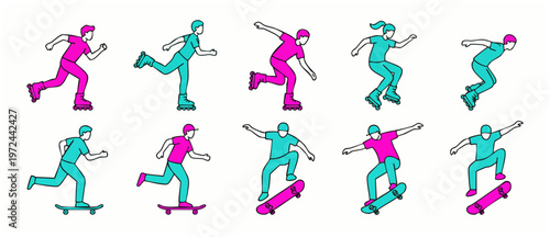 Skateboard Rollerblade Sport Activity Seamless Pattern. Active lifestyle illustration with Skateboarding and Inline skating in Pink and Blue color palette on a white background. Vector design.