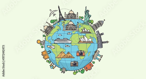 The globe showcases various landmarks and monuments around the world map