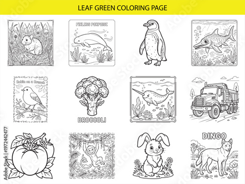 Leaf green coloring page collection featuring mouse porpoise penguin robin broccoli narwhal truck tomato monkey rabbit dingo