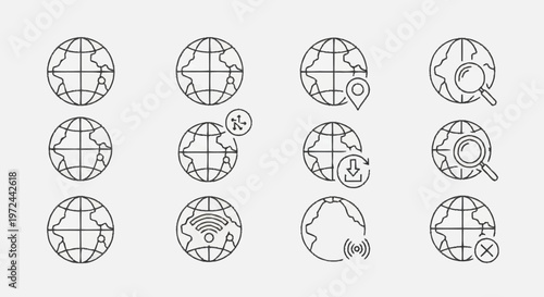 Illustrations of various globe icons with markers and symbols around them