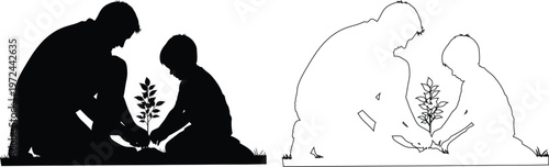 Family planting young tree together in garden outdoor activity illustration