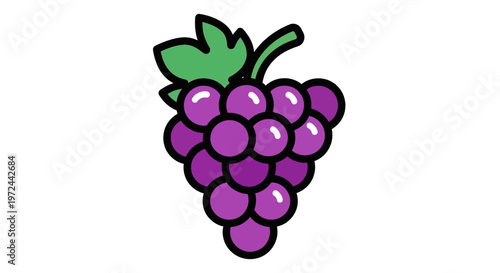 Cartoon cluster of purple grapes with green leaf isolated on white
