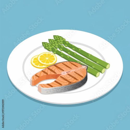 Grilled salmon steak with asparagus and lemon.
