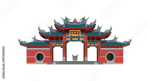 Ancient Temple Gateway: The image features a vibrant red temple gateway, with intricate roof designs, set against a pristine backdrop, a testament to ancient architecture.