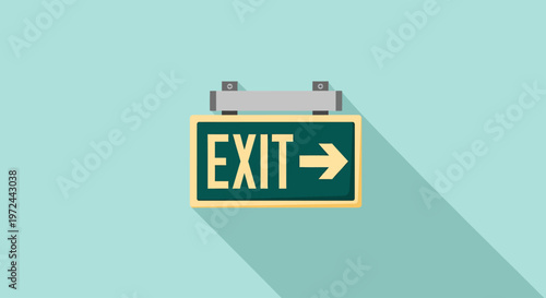 Exit Sign: A clear and concise exit sign, signaling the way out with a directional arrow, is illuminated. It is mounted on a light blue background.