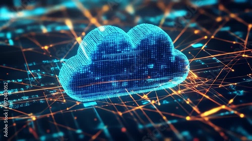 Abstract digital cloud computing concept with glowing lines and data