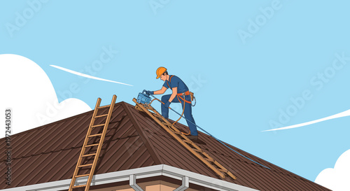 Roofer at Work: A roofer meticulously works on a rooftop under a bright blue sky, showcasing the process of constructing or repairing a building.