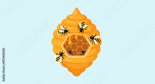 Honeycomb & Busy Bees: An illustration of a vibrant honeycomb bustling with busy bees, a symbol of nature's industriousness, teamwork, and the sweet rewards of their labor. 