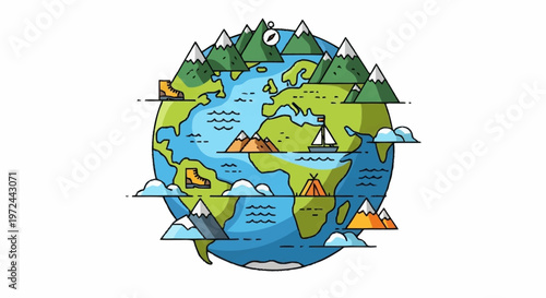 A colorful illustration of a globe surrounded by various landmarks and icons.