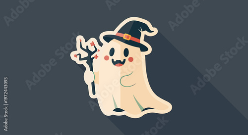 Spirited Halloween Specter: A whimsical illustration of a charming ghost donning a witch's hat, holding a trident, ready to bring smiles and spooky fun. 