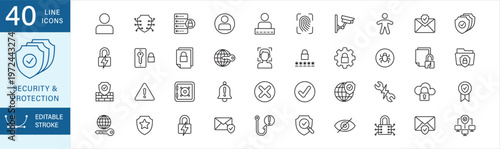 Security and protection icon set. Containing firewall, safe server, vpn, phishing, shield, patch fix, data breach, vault, padlock, networks, multilayer safety, fingerprint, face id, recognition, pin.