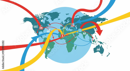 Global connections shown on a colorful world map with arrows
