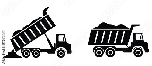dump truck icon set, construction vehicle silhouettes, gravel unloading and loaded truck symbols, transport and industrial machinery vector illustration, simple modern design.