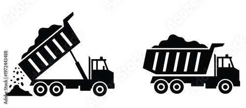 black silhouette dump truck icons, one unloading gravel and one fully loaded, construction and transport vehicle symbols, heavy machinery illustration, clean vector design.