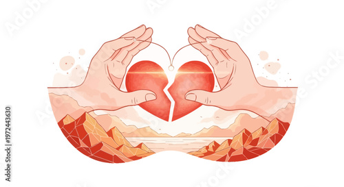 Hands holding broken heart shape illustration symbolizing separation and loss