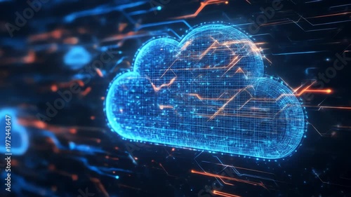 Abstract digital cloud computing concept with glowing lines and dots