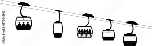 Christmas holiday cable car silhouette with passengers, festive winter transport scene, mountain gondola system, seasonal travel concept, minimal vector design for tourism and celebration