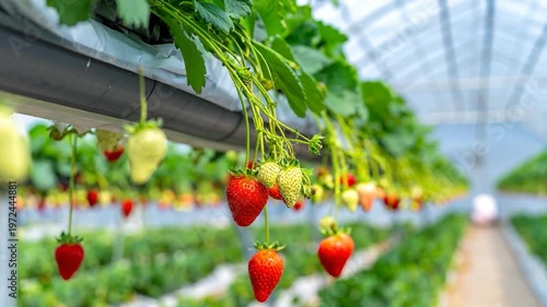 Inside a greenhouse, hanging red strawberries in various stages