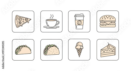 Assorted food and drink icons pizza coffee burger tacos ice cream and cake