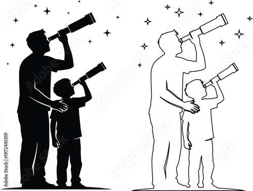 Family stargazing together using telescopes under night sky stars
